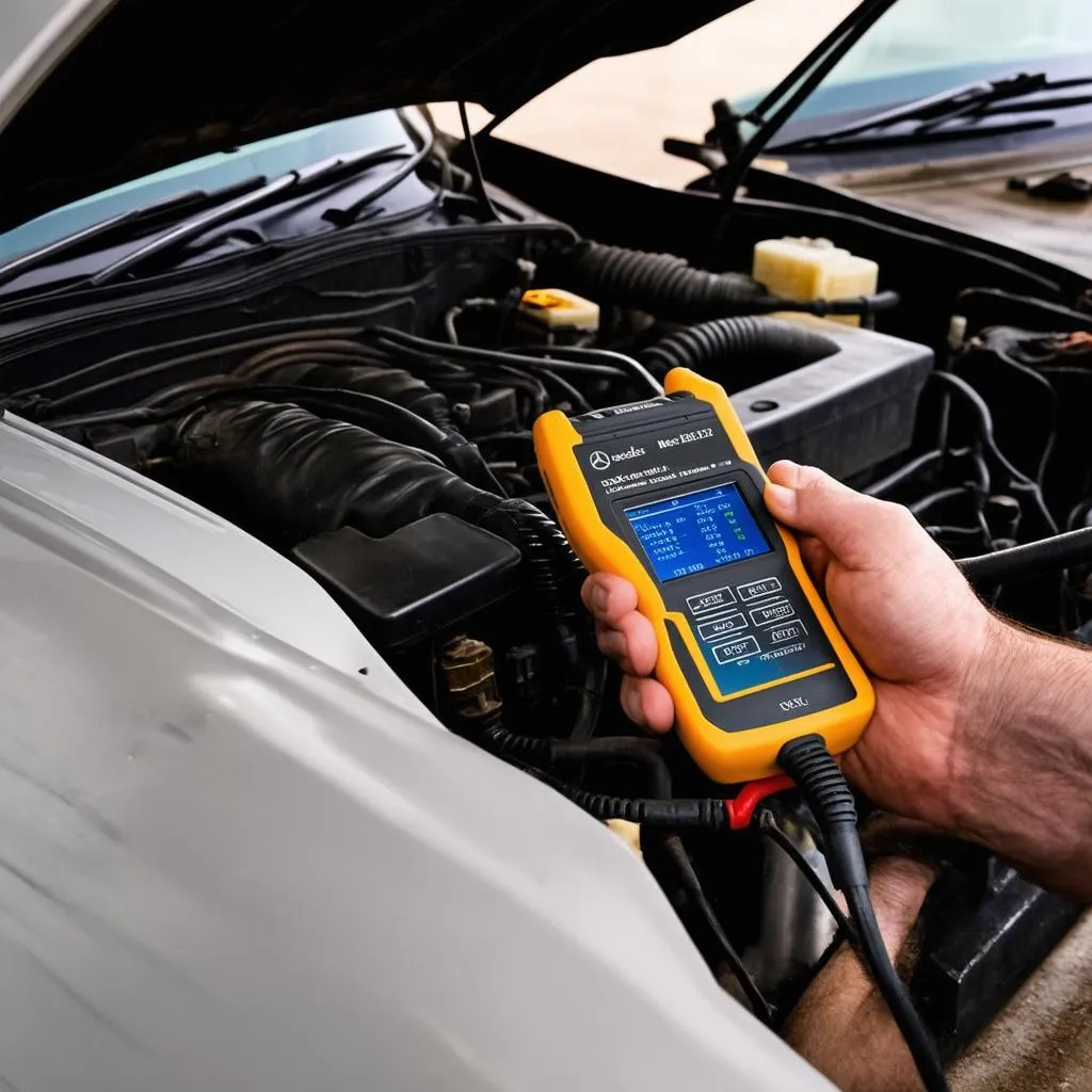 Mechanic Using Diagnostic Tool on W124