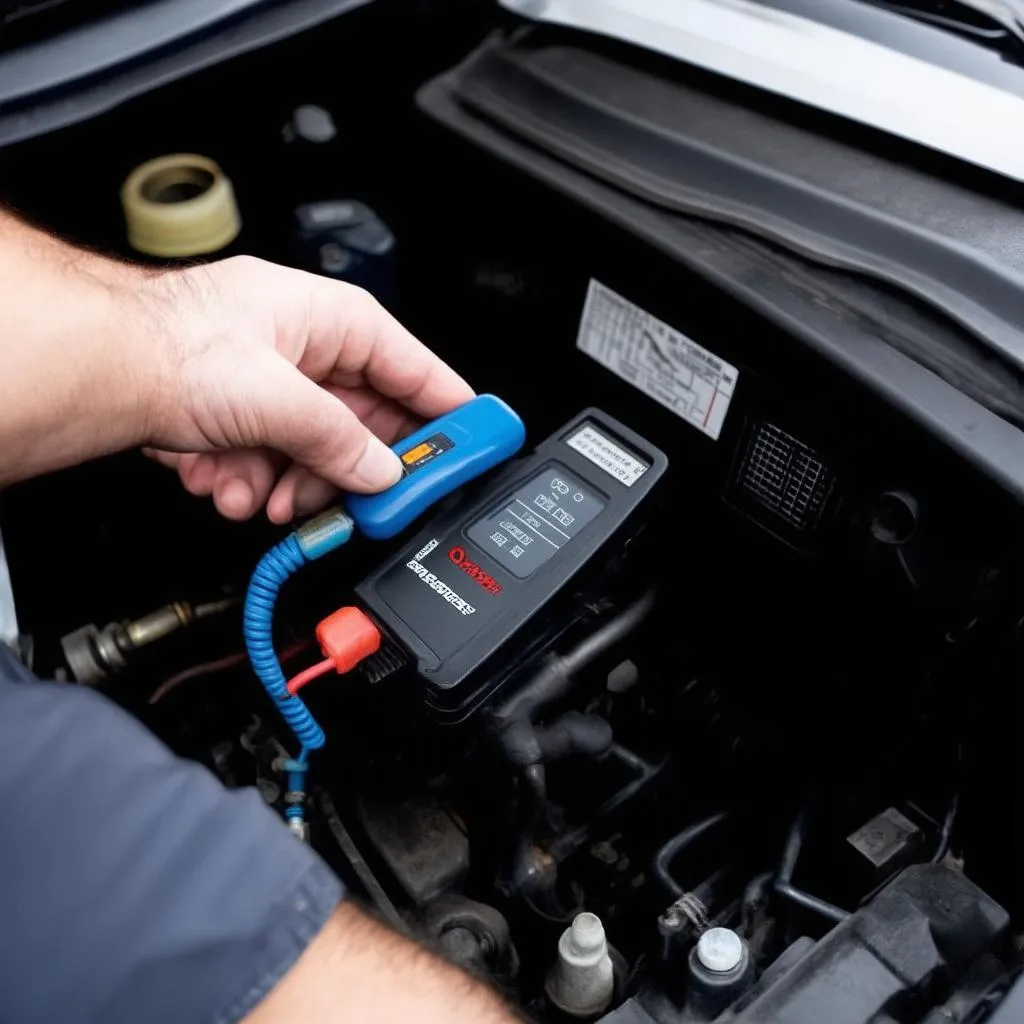 Mechanic using a diagnostic tool on a Mercedes W204