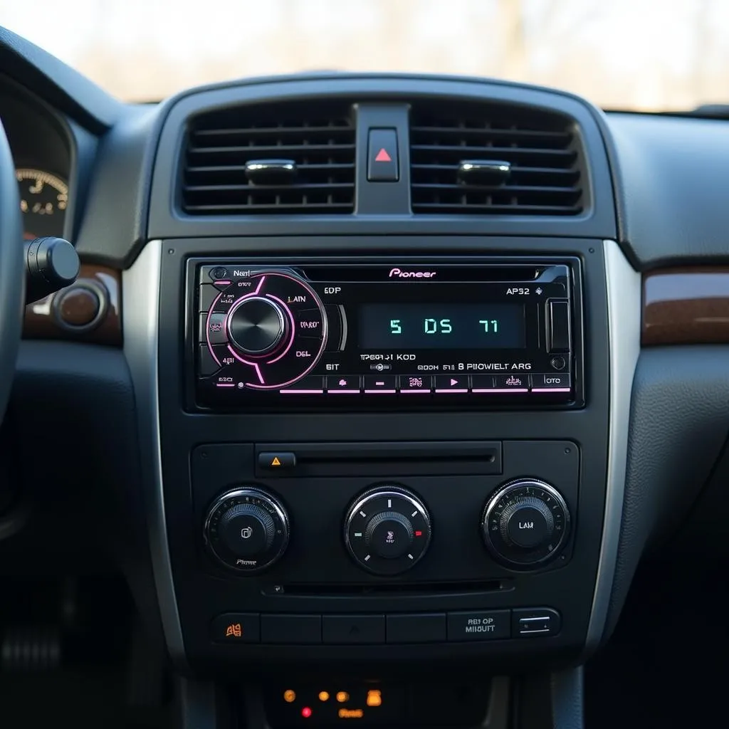 A newly installed Pioneer car radio