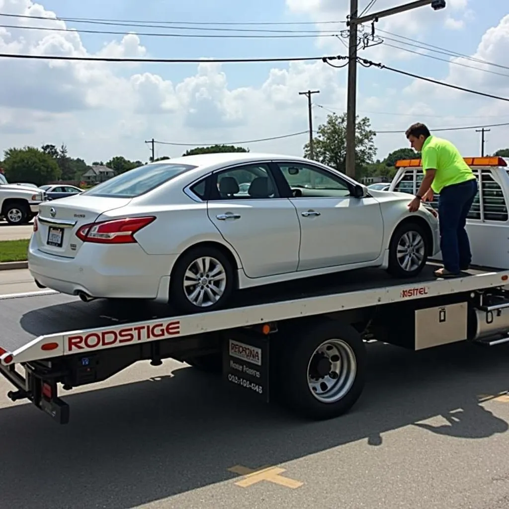 Tow truck assisting broken down Nissan Altima