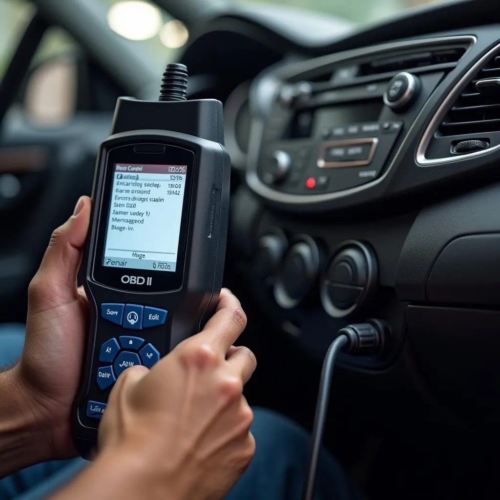 Mechanic using an OBD-II scanner to diagnose car problems.