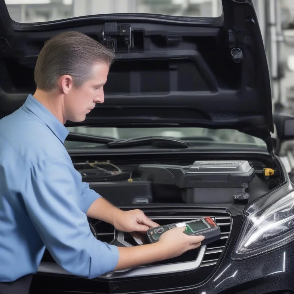 Mechanic using OBD-II Scanner on Mercedes