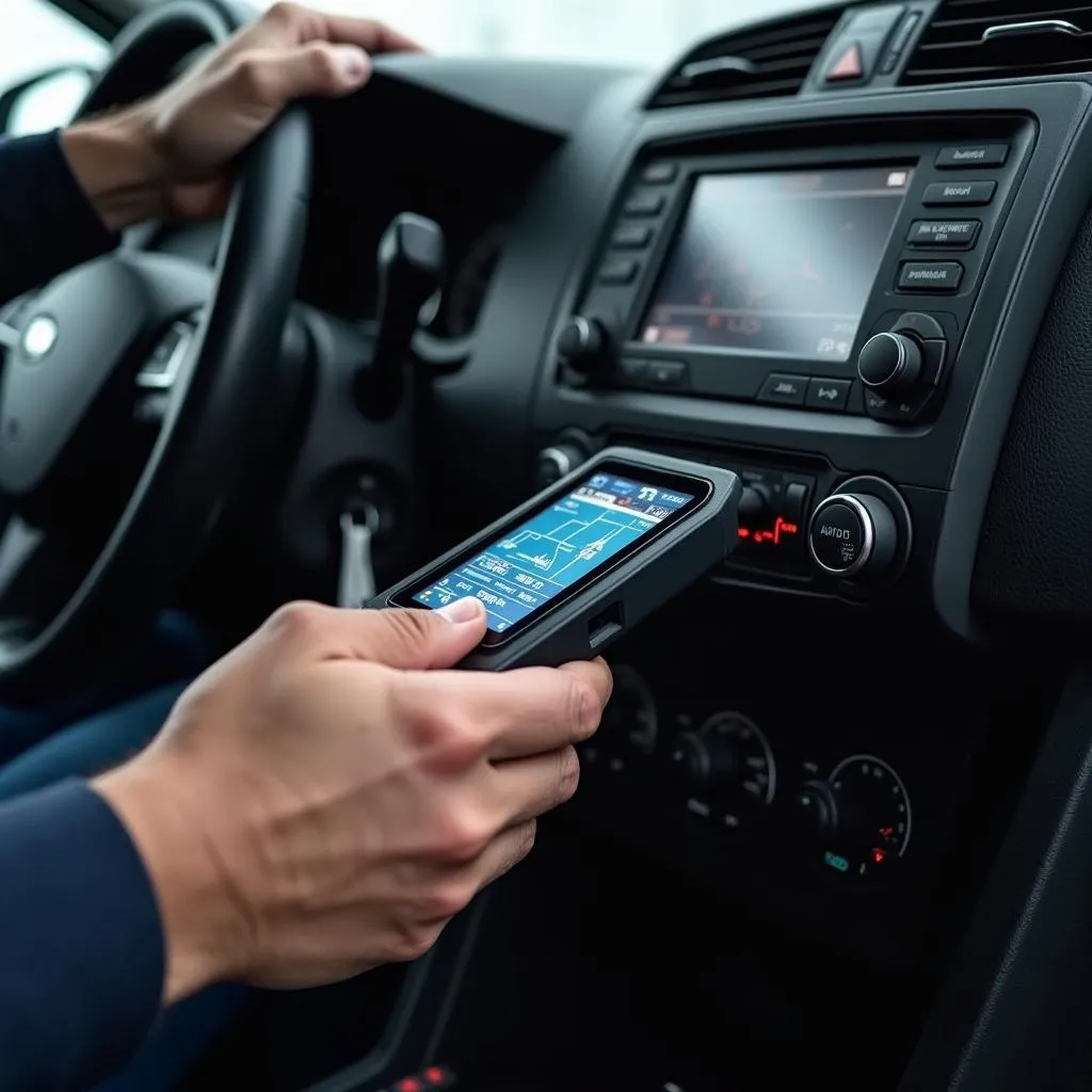 Mechanic using OBD2 scanner to diagnose a car problem