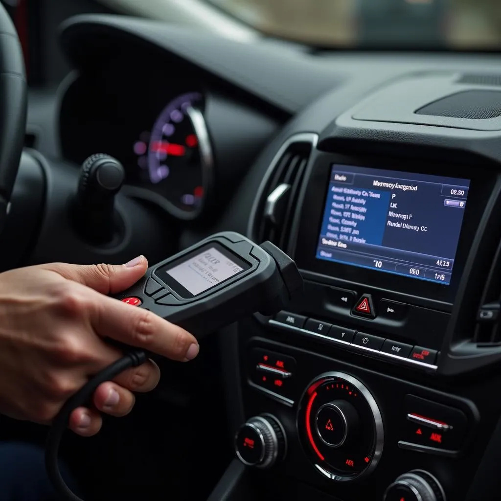 Mechanic using an OBD2 scanner to diagnose car radio problems