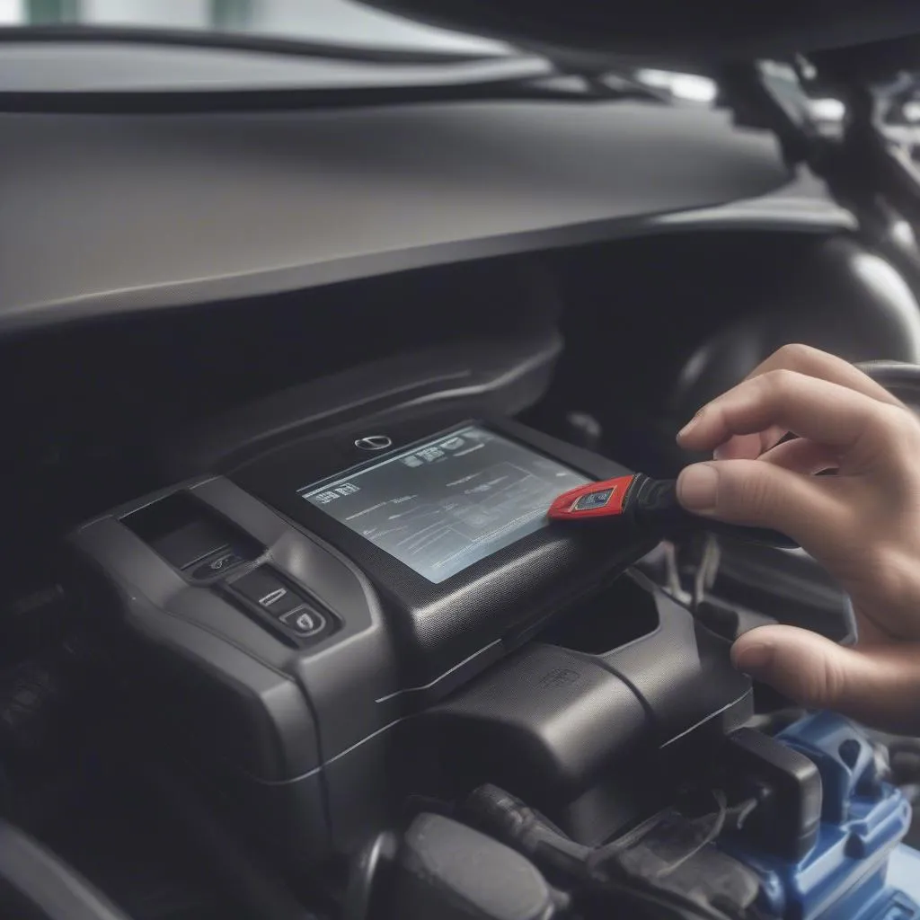 Mechanic using OBD2 scanner on Mercedes