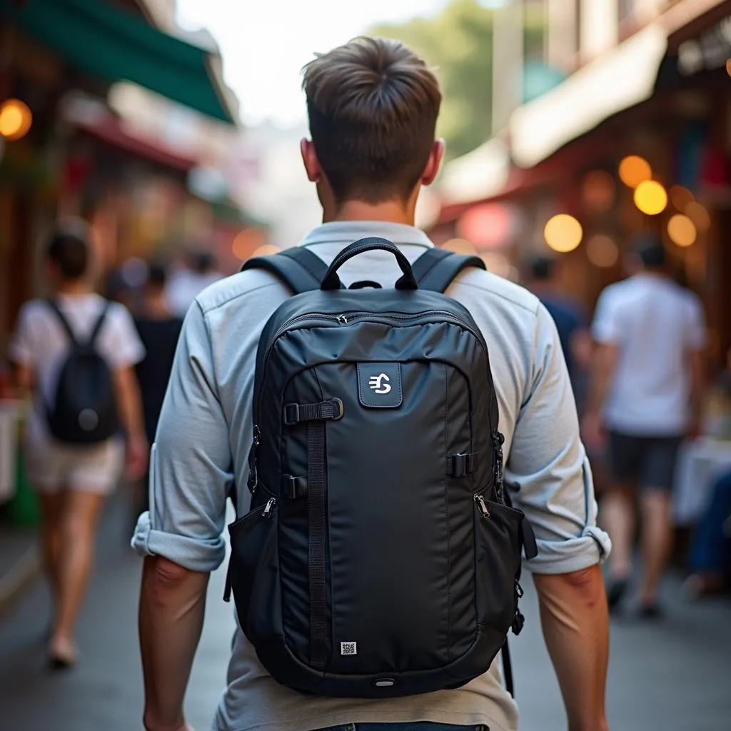 Person wearing Pacsafe backpack in a crowd