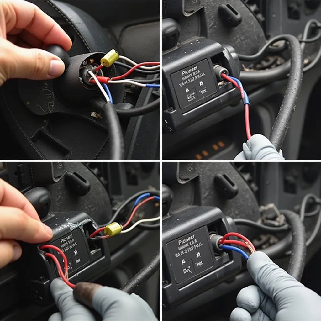 Inspecting a Pioneer car radio wiring harness for damage