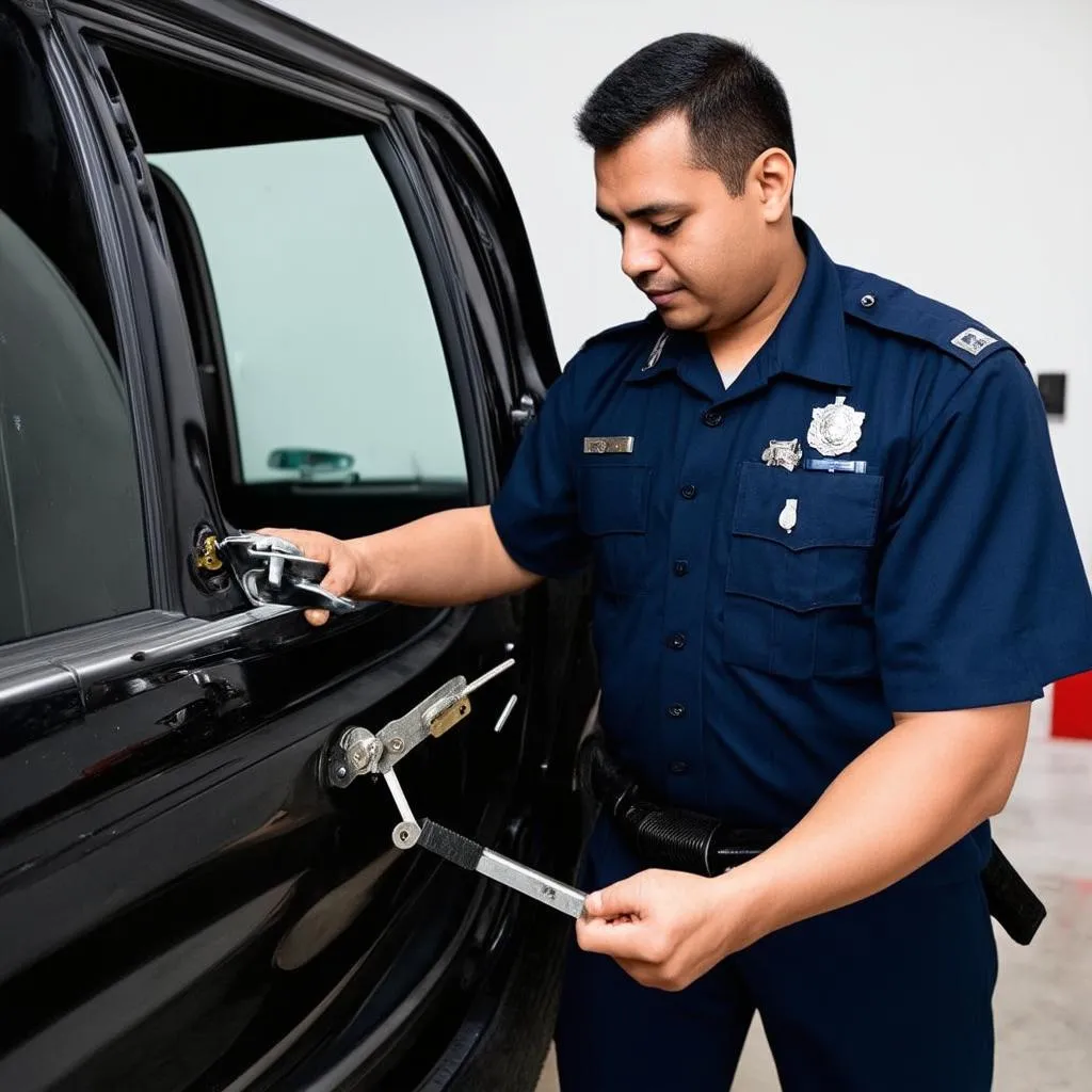 Professional locksmith opening a car