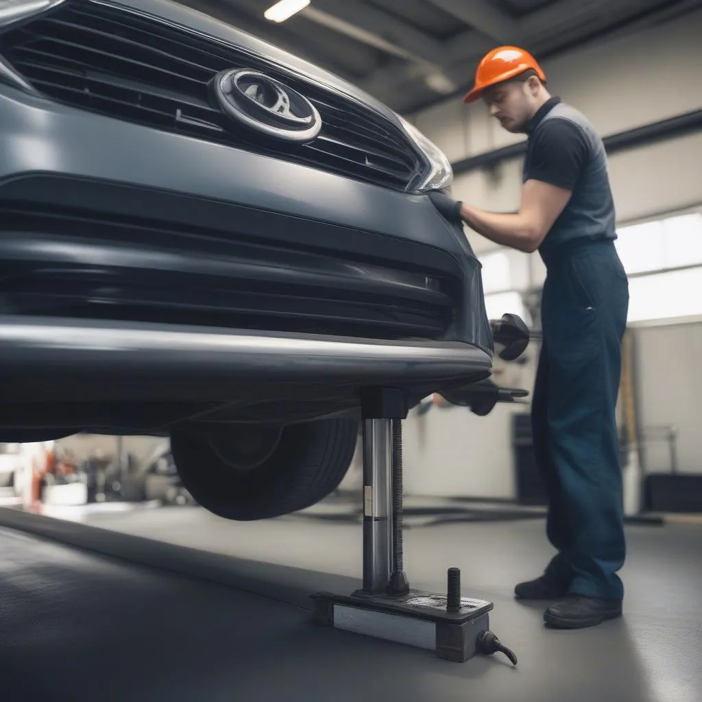 Mechanic using a breaker bar to loosen an anti-theft nut on a car wheel.