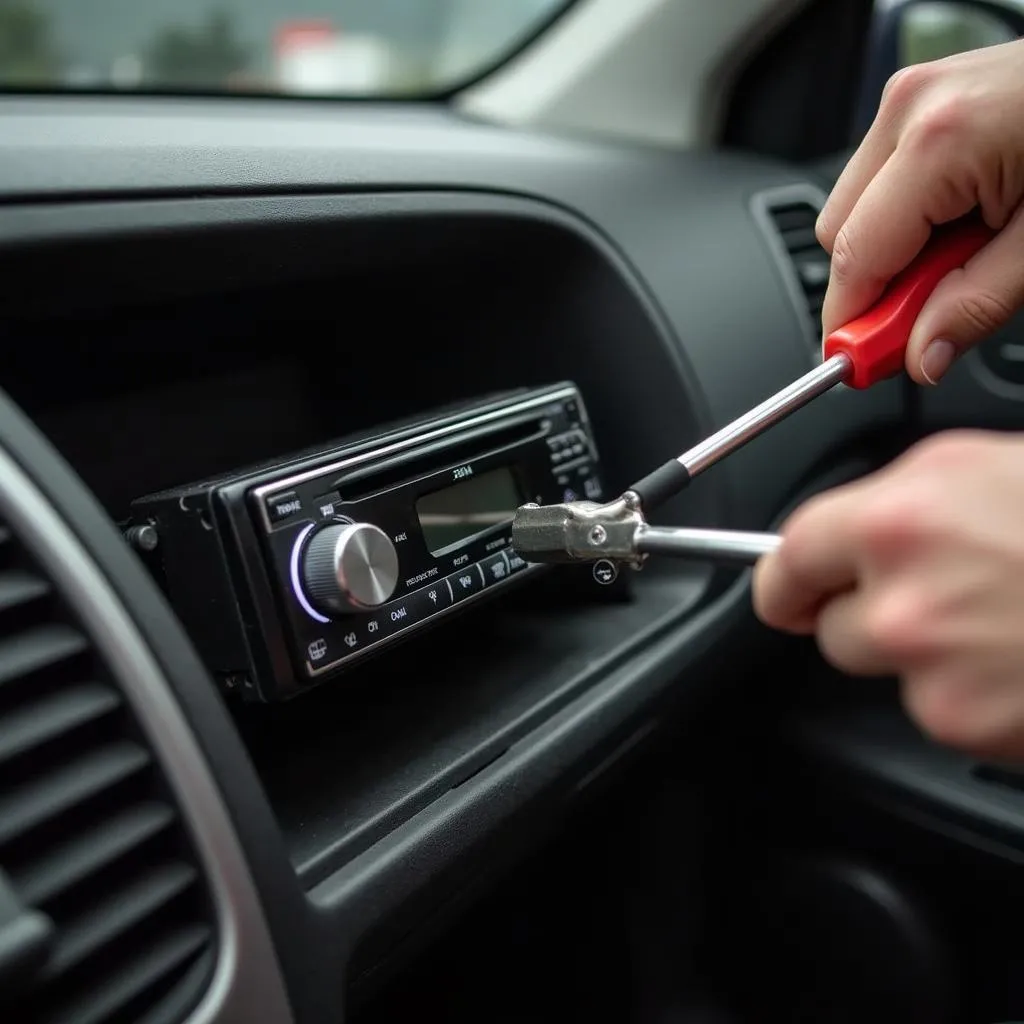 Mechanic removing car radio panel