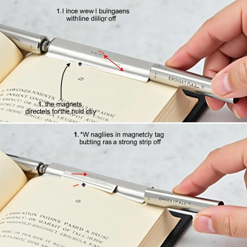 Removing a magnetic anti-theft tag from a book.