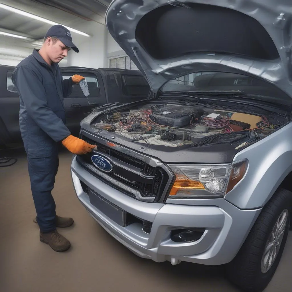 Mechanic working on car electronics to reset Ford Ranger anti-theft system