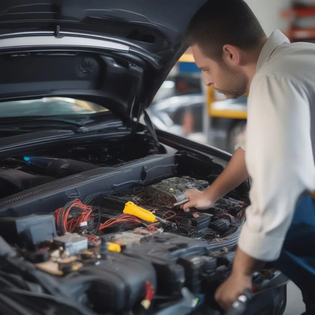 Mechanic inspecting a car's anti-theft system