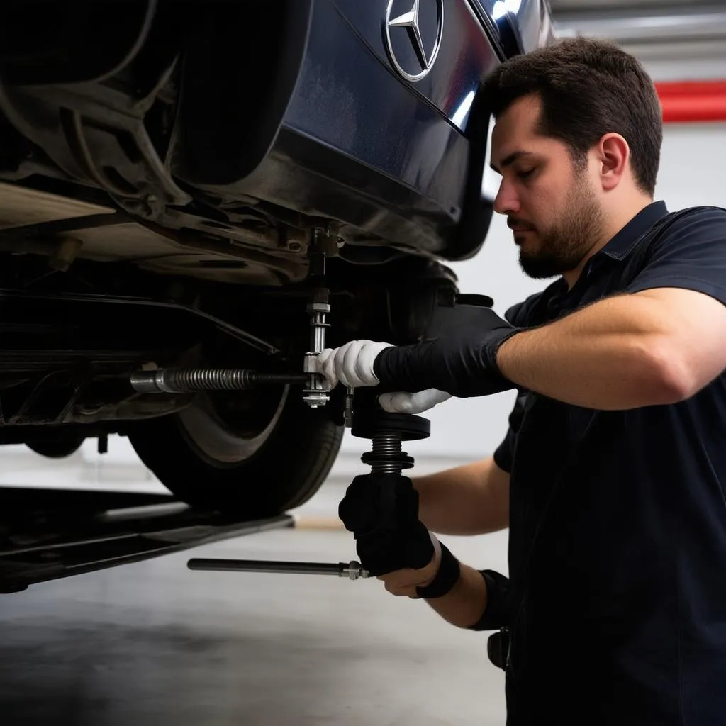 Mercedes mechanic adjusting suspension