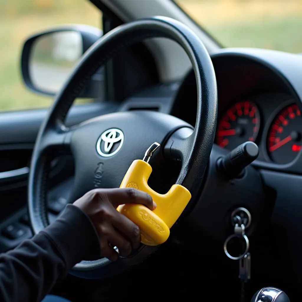 Steering wheel lock installed on a car steering wheel