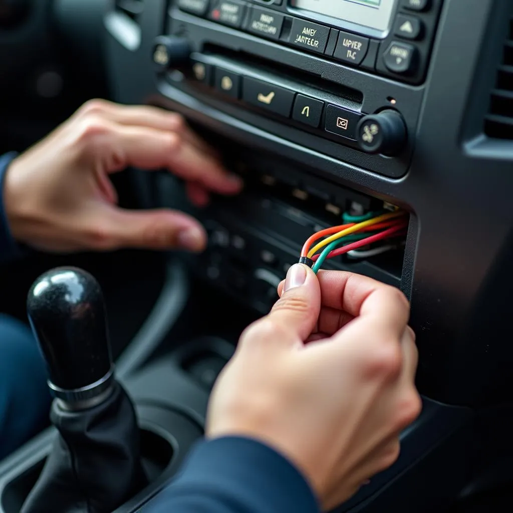 Technician Checking Car Radio Wiring Harness