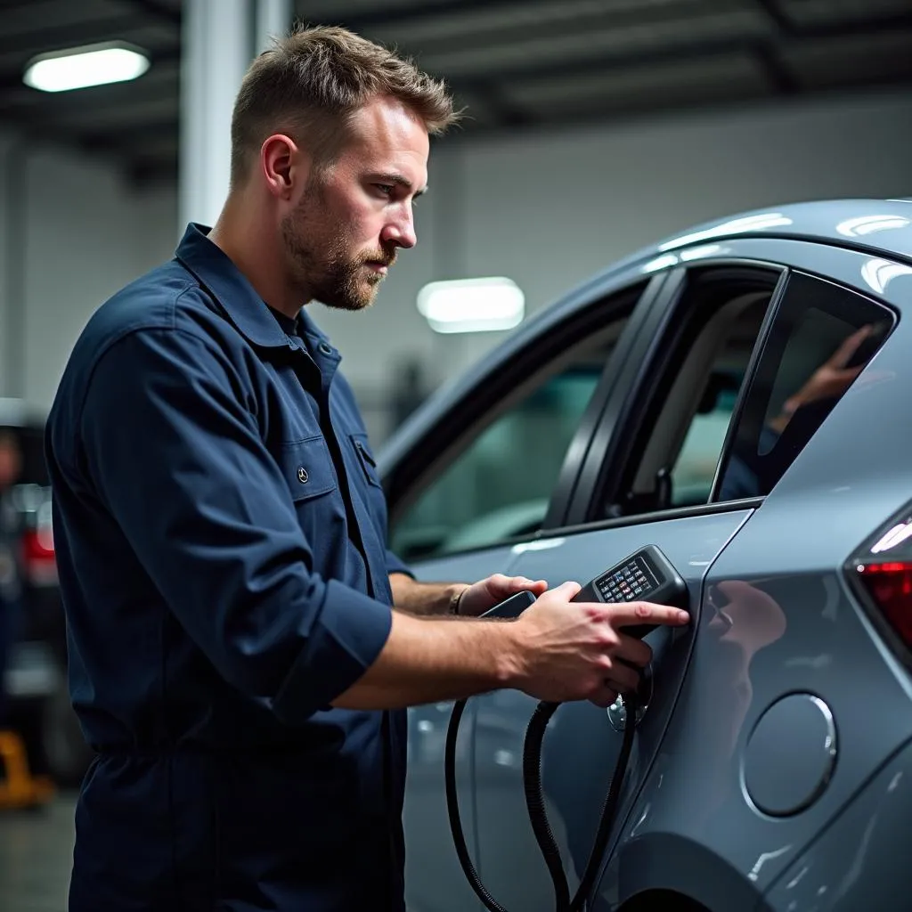 Mechanic inspecting a Prius C with a diagnostic tool