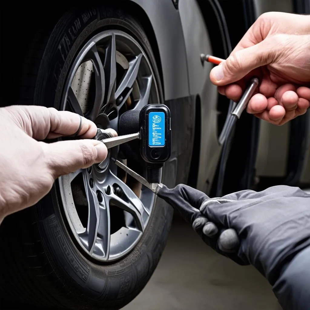 Mechanic replacing a TPMS sensor on a Mercedes car tire