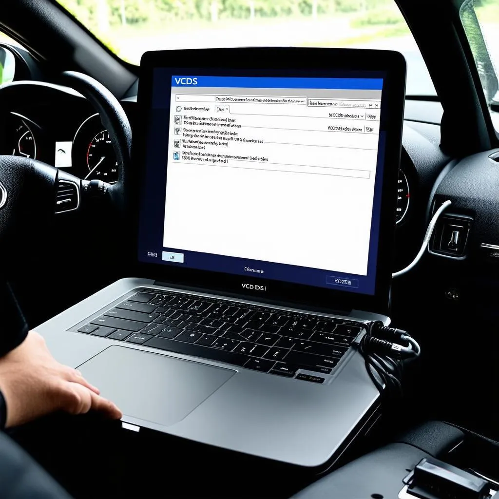 VCDS cable connected to laptop and car's OBD-II port