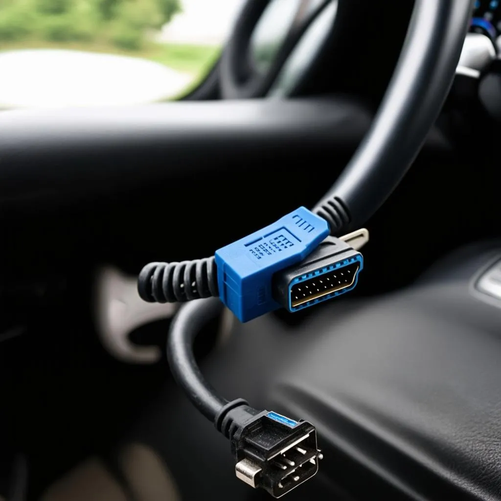 VCDS cable connected to a car's OBD-II port