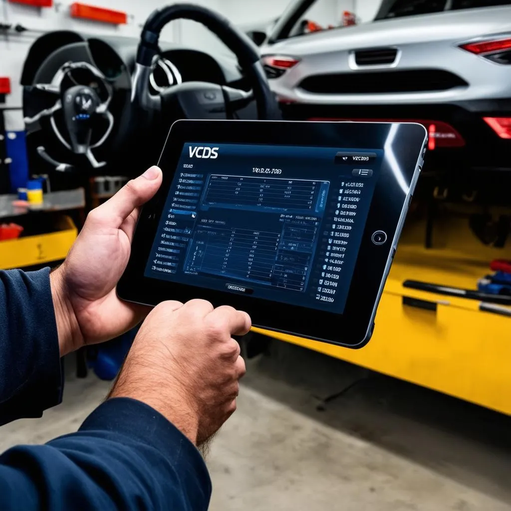 VCDS tablet in a mechanic's hand