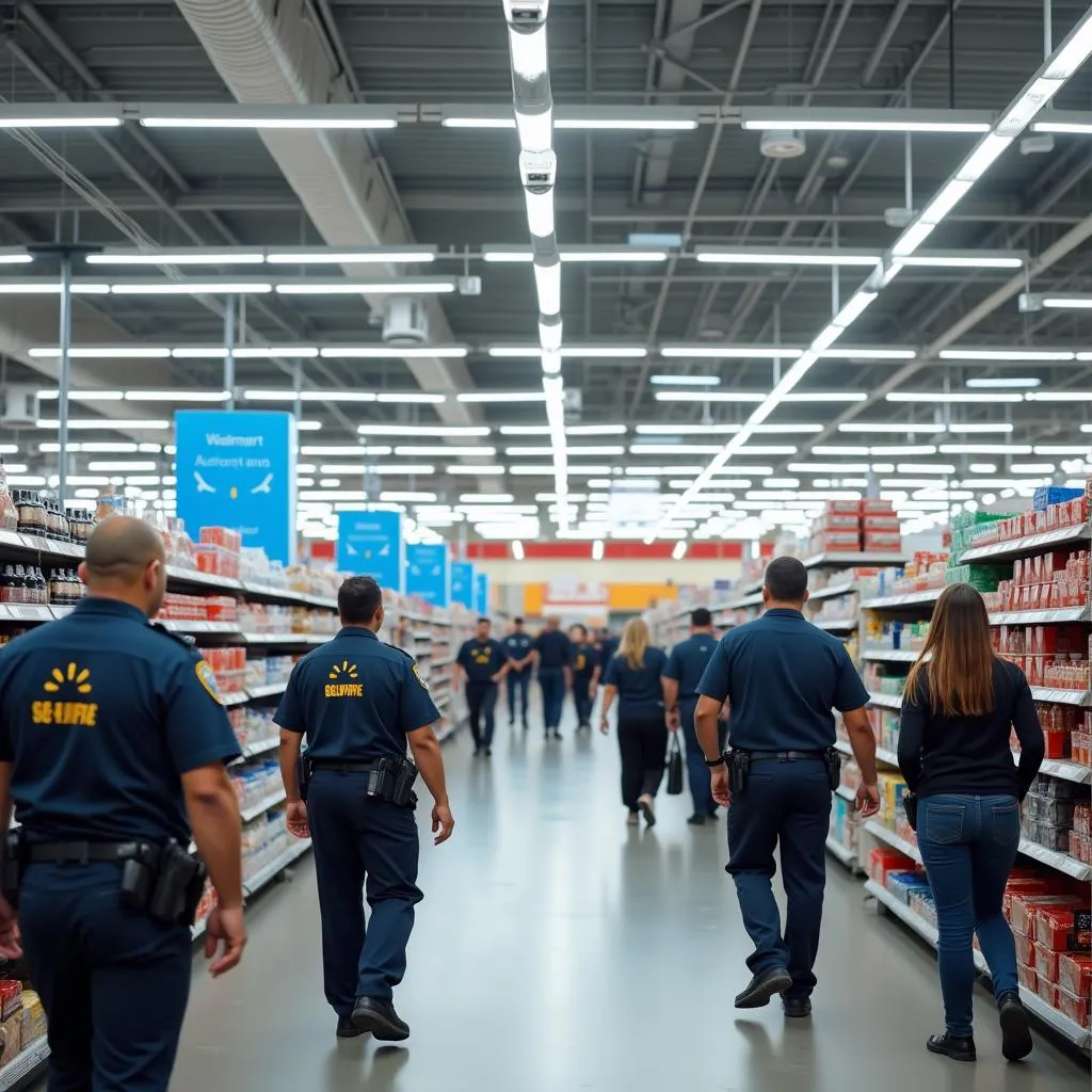 Walmart store interior with security cameras and personnel