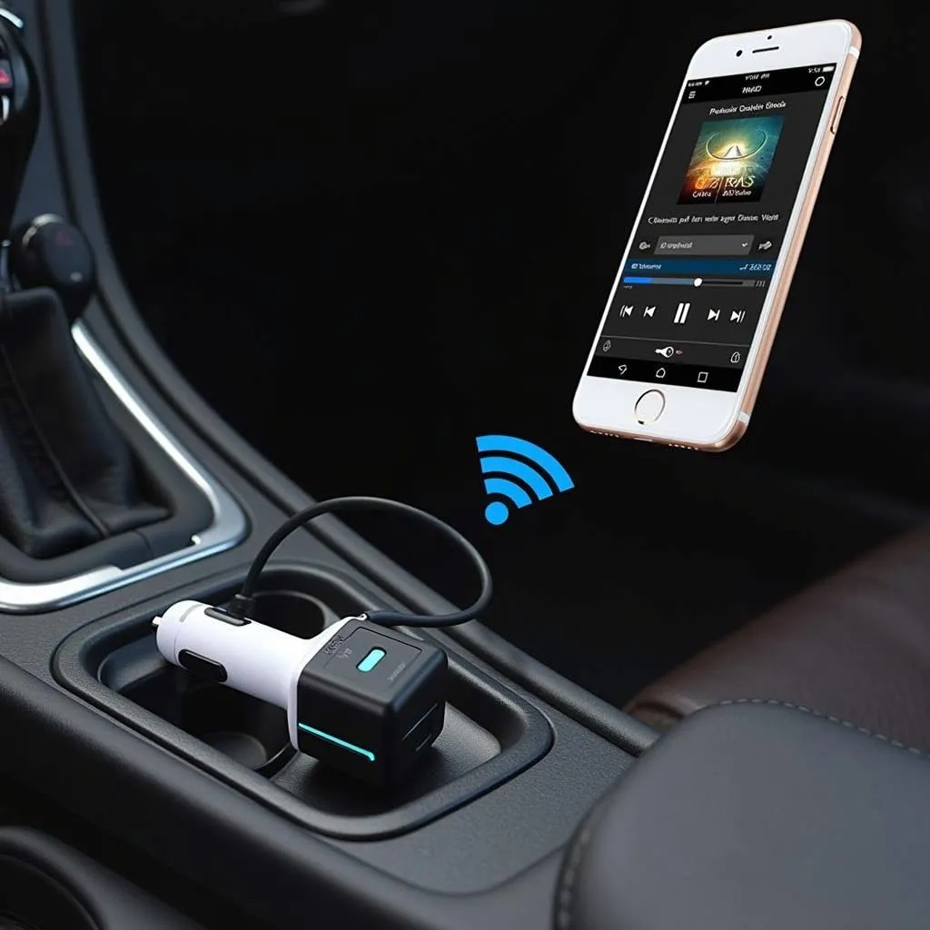 Wireless in-car FM transmitter connected to smartphone