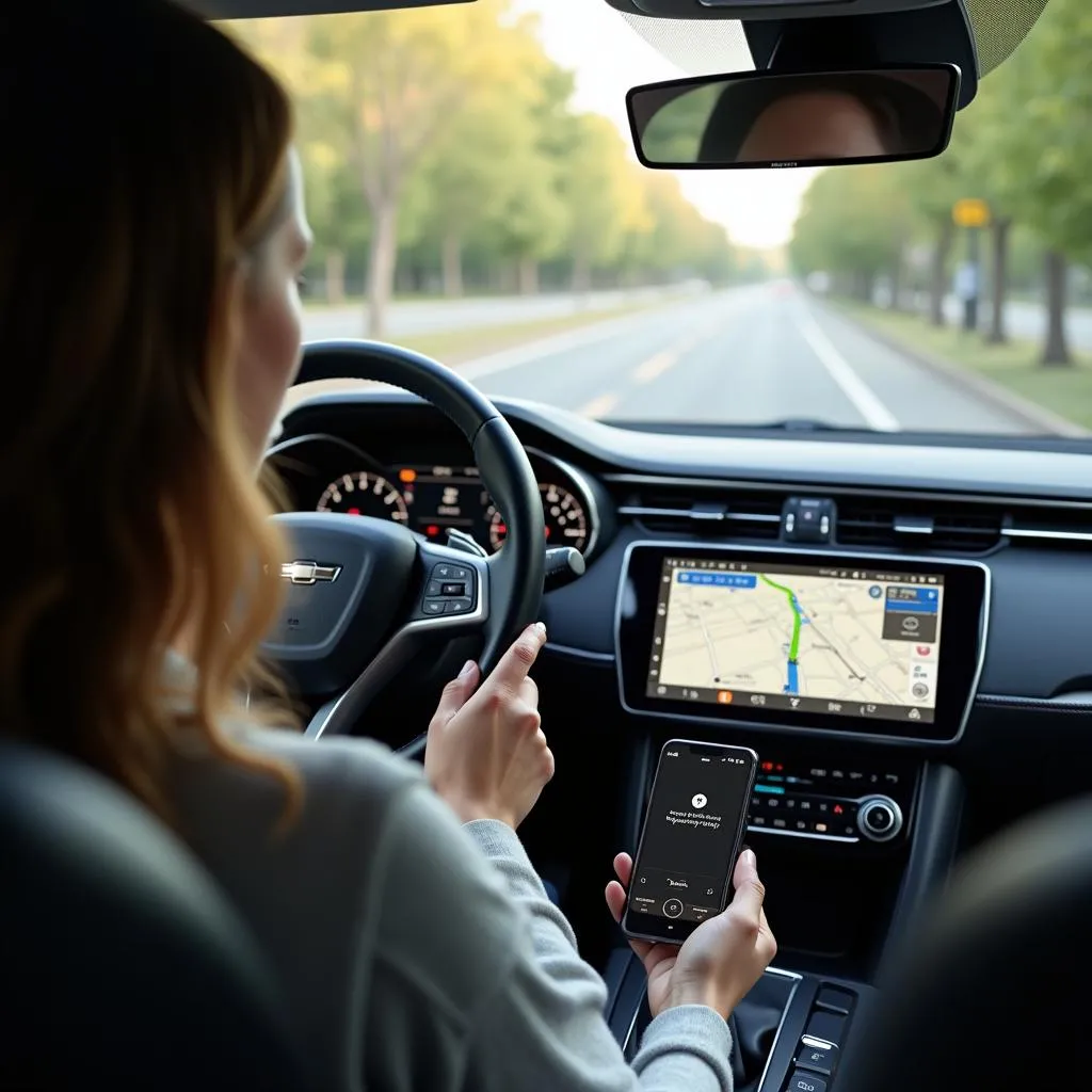 Woman Using Bluetooth Car Radio for Navigation