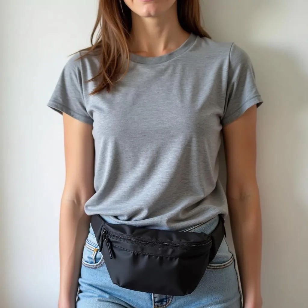 Woman wearing anti-theft belt bag under shirt