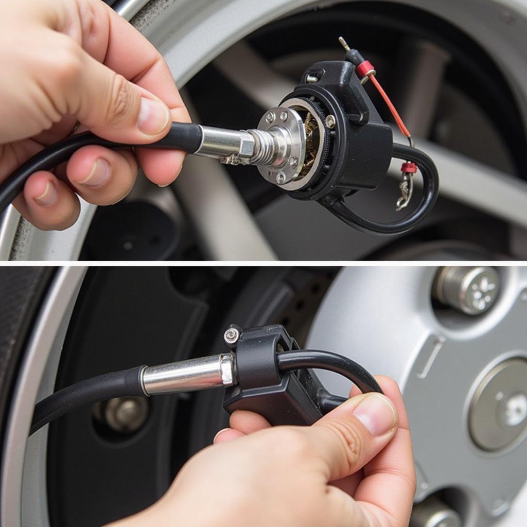 A mechanic inspecting the parking brake cable on a 1970 Camaro.