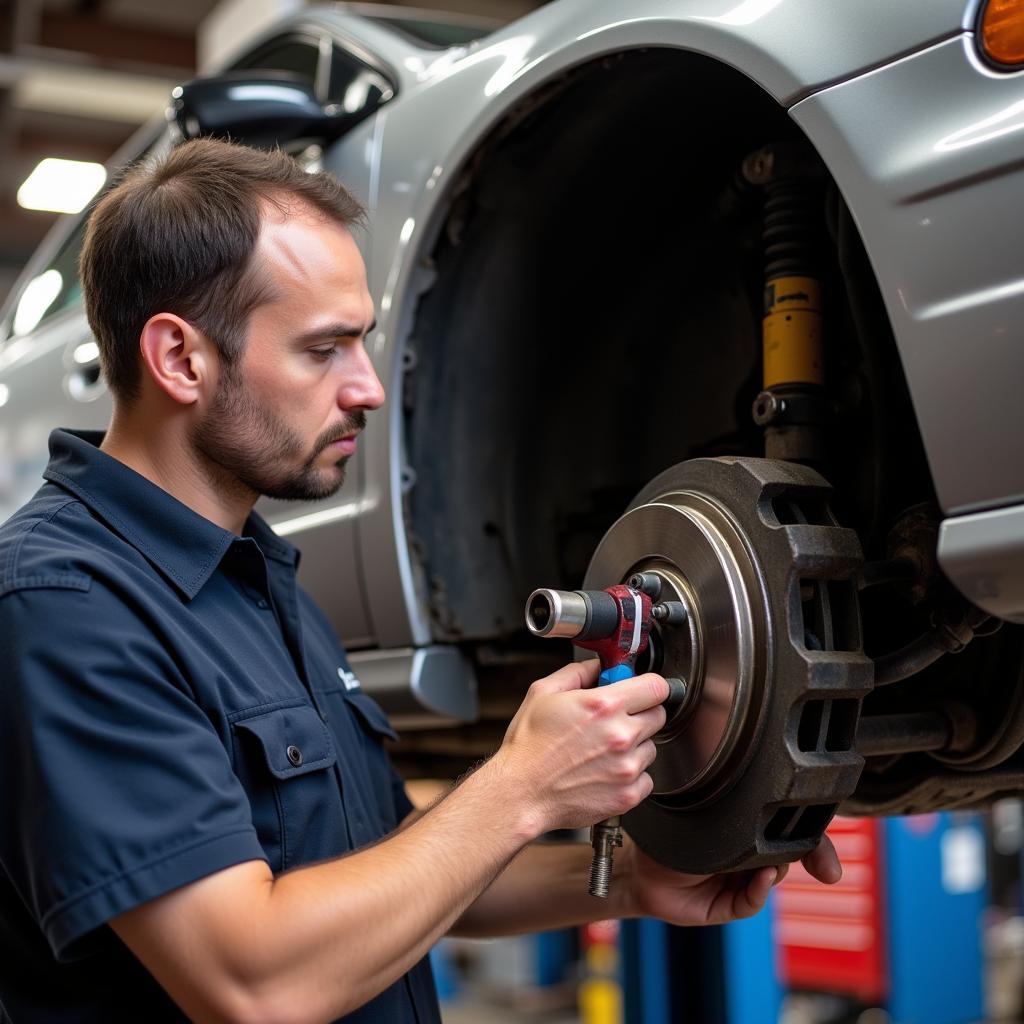 Mechanic inspecting brake system on a 2001 Pontiac Grand Prix