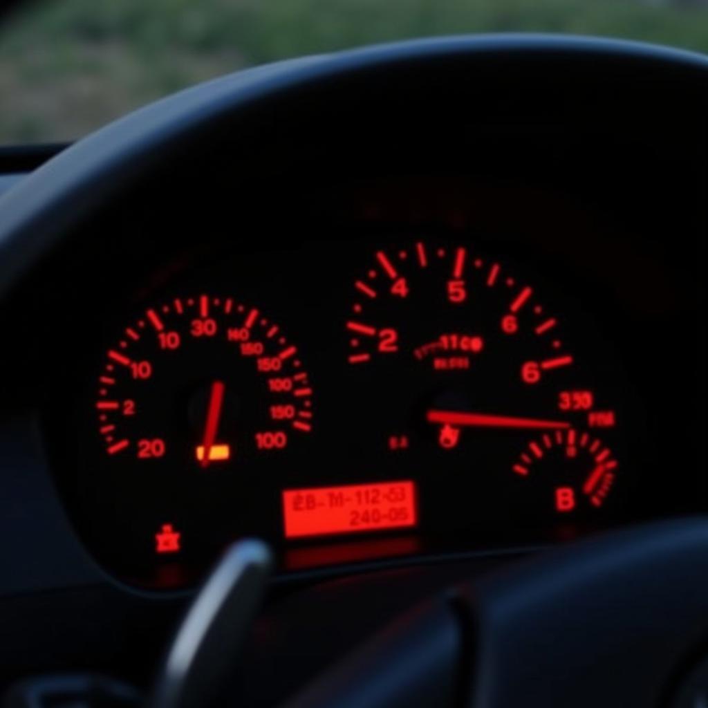 2005 BMW X5 dashboard illuminated with the red brake warning light