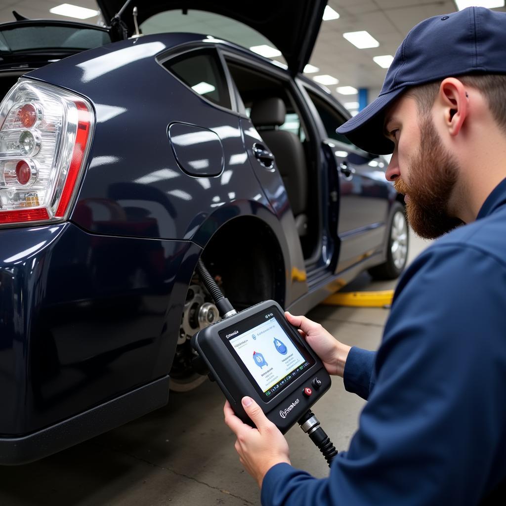 Mechanic inspecting the brake system of a 2006 Prius