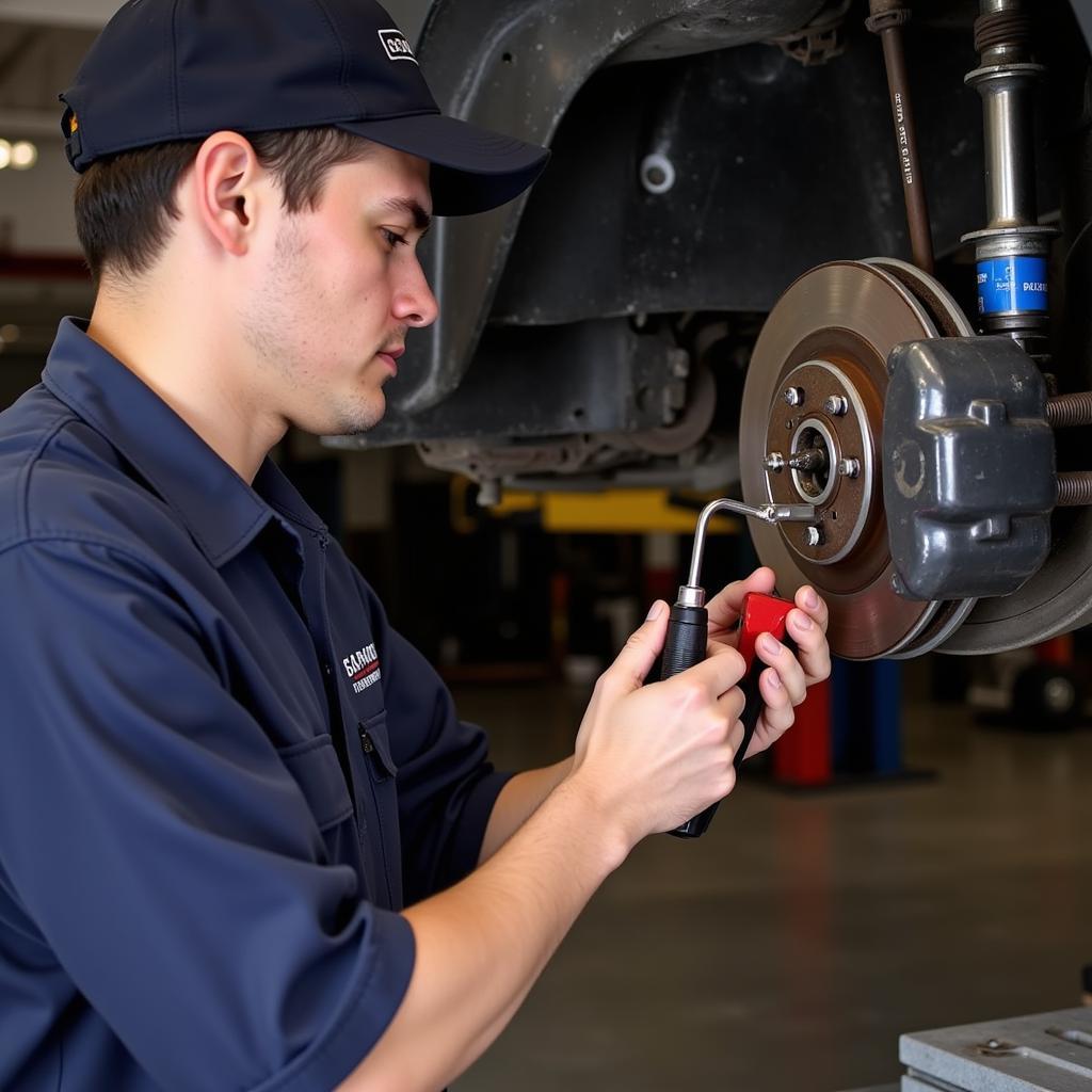 Mechanic Inspecting the Brake System of a 2008 Ford F150