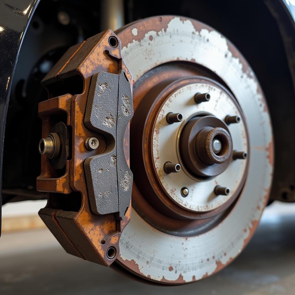 Worn brake pads on a Jaguar XF