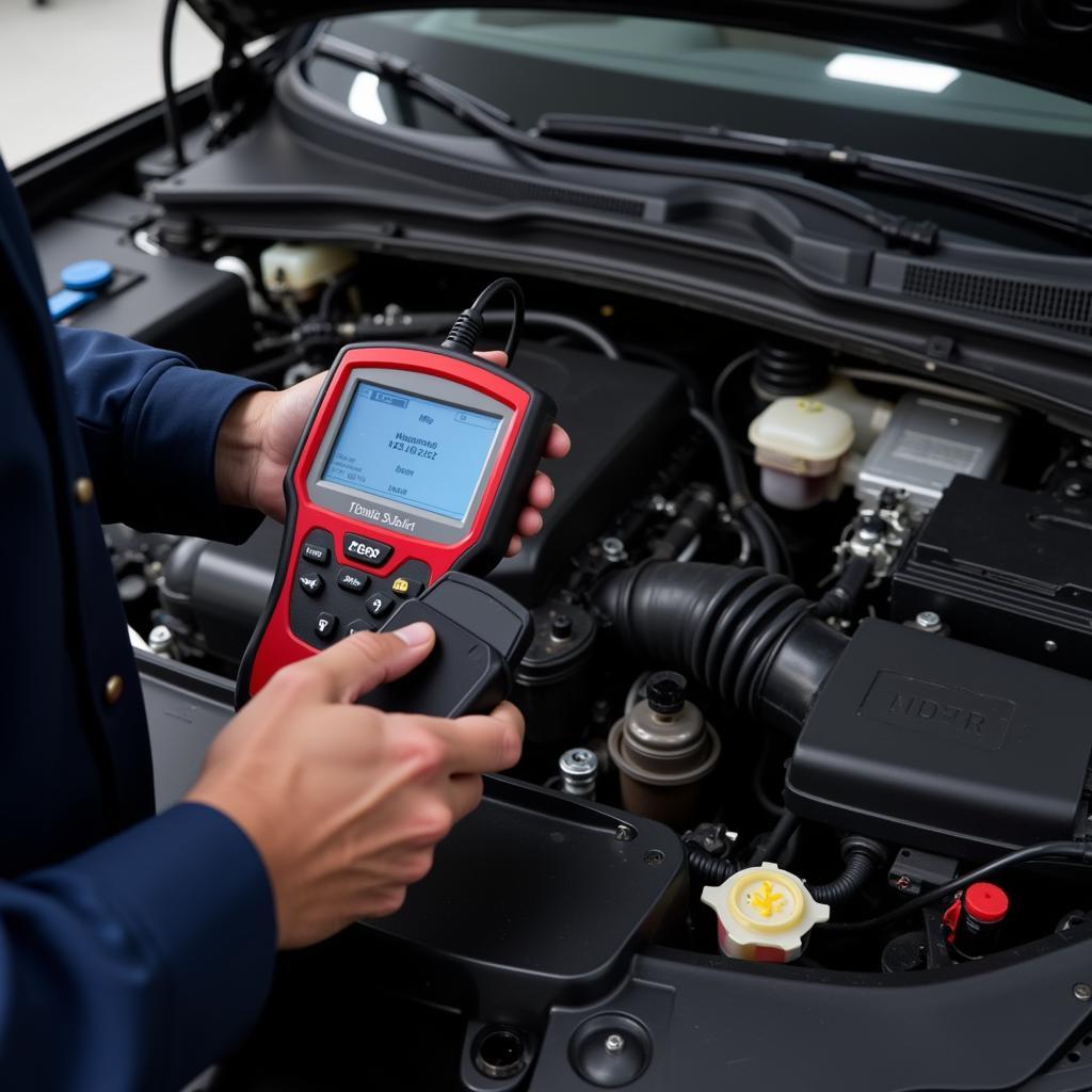 Mechanic performing a diagnostic scan on a car's ABS system