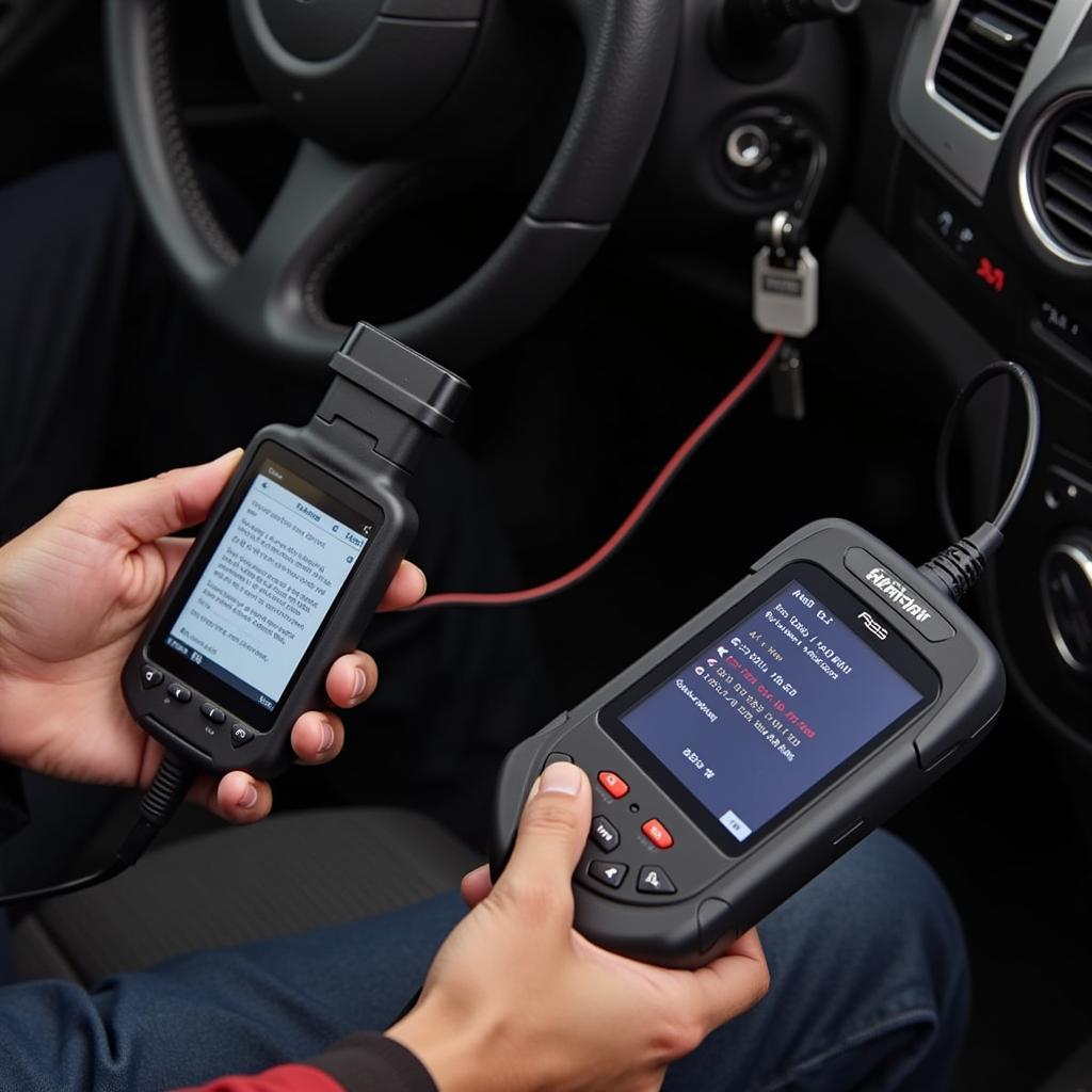 Mechanic Using an ABS Diagnostic Scanner