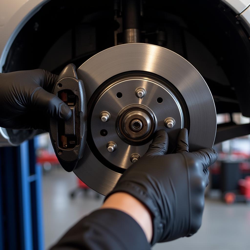 Mechanic Replacing Brake Pads on Acura MDX