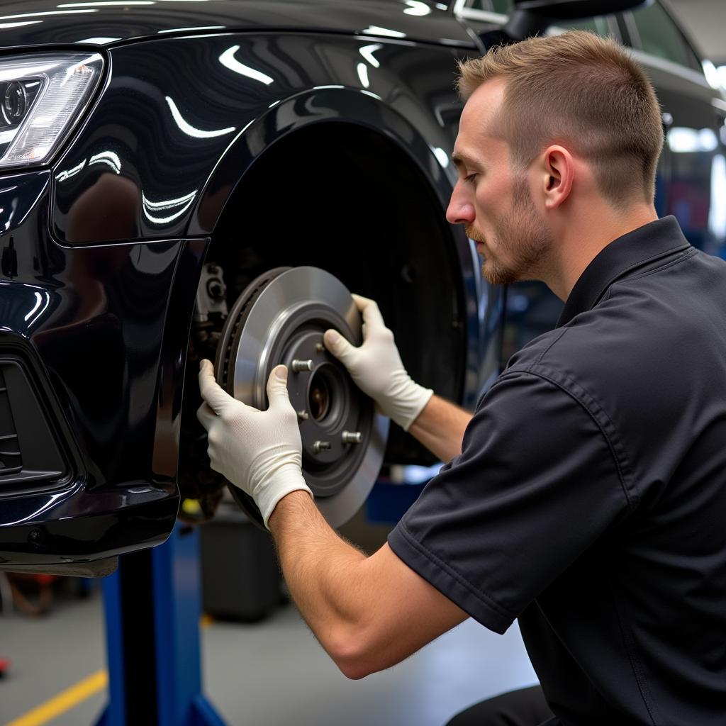 Mechanic replacing brake pads on an Audi A4 B8