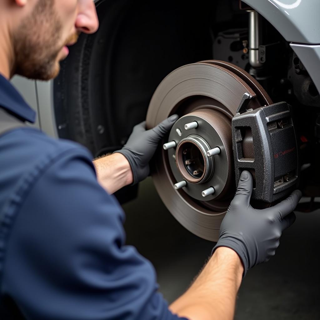 Mechanic replacing Audi A6 brake pads