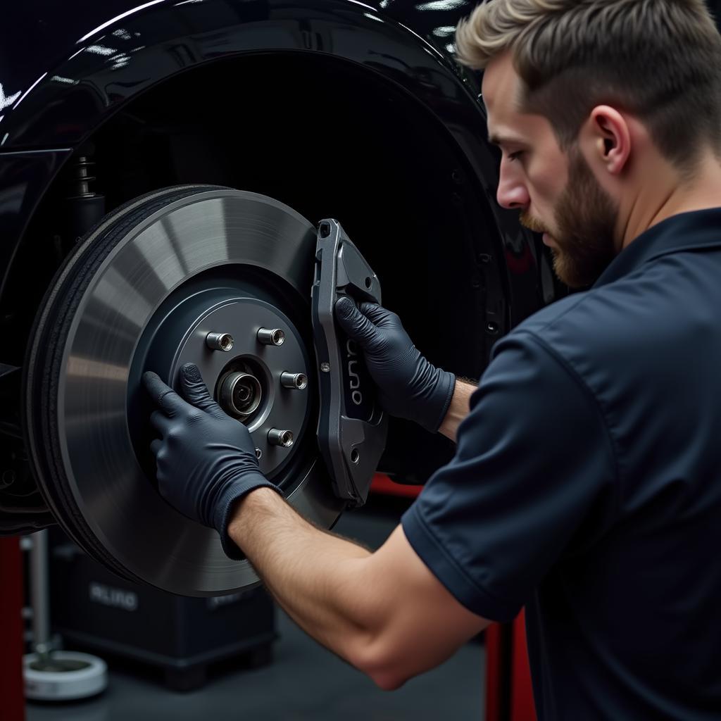 Mechanic inspecting Audi brake pads during a routine maintenance check