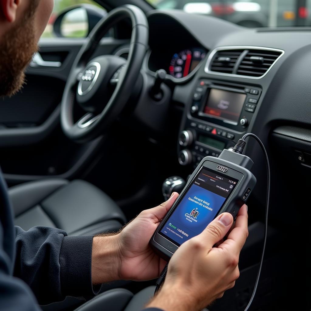 Mechanic Using Diagnostic Scanner on Audi