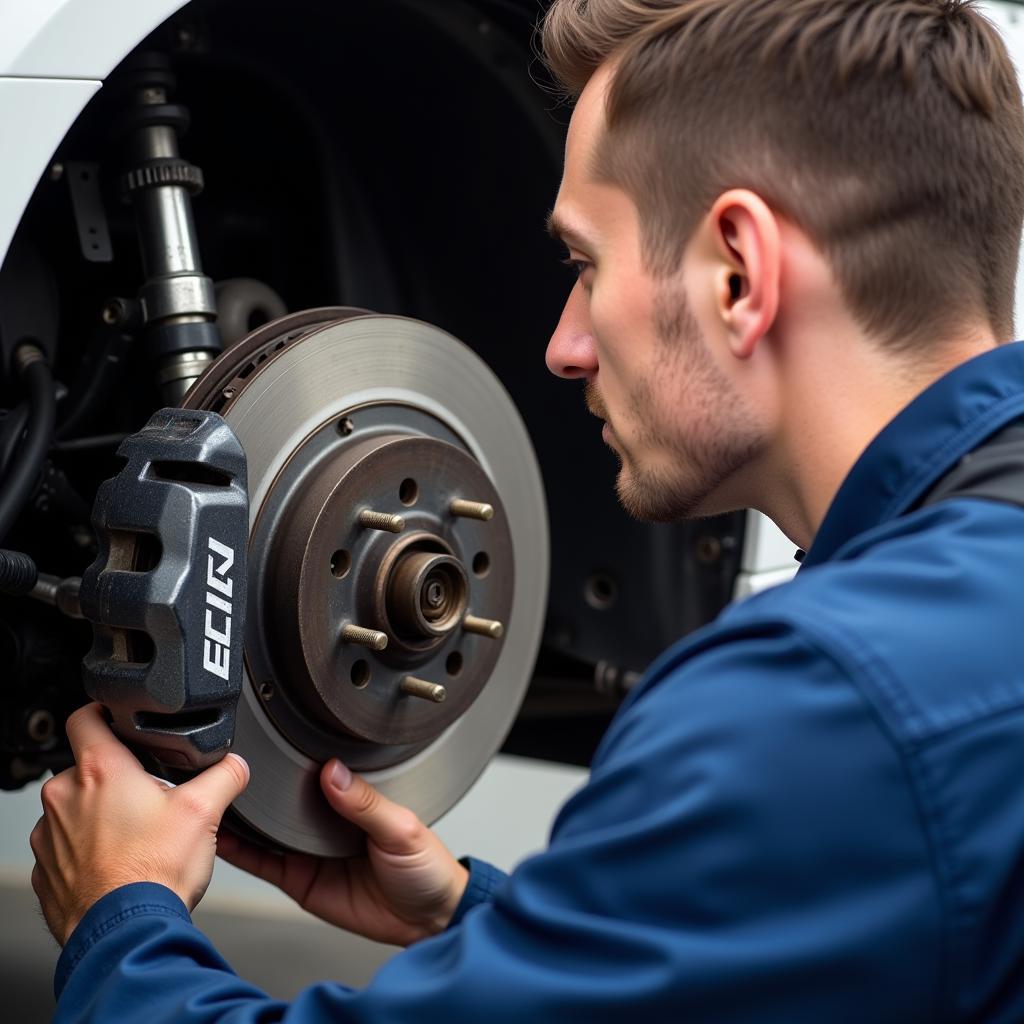 Mechanic Inspecting Brake System of a BMW 320d