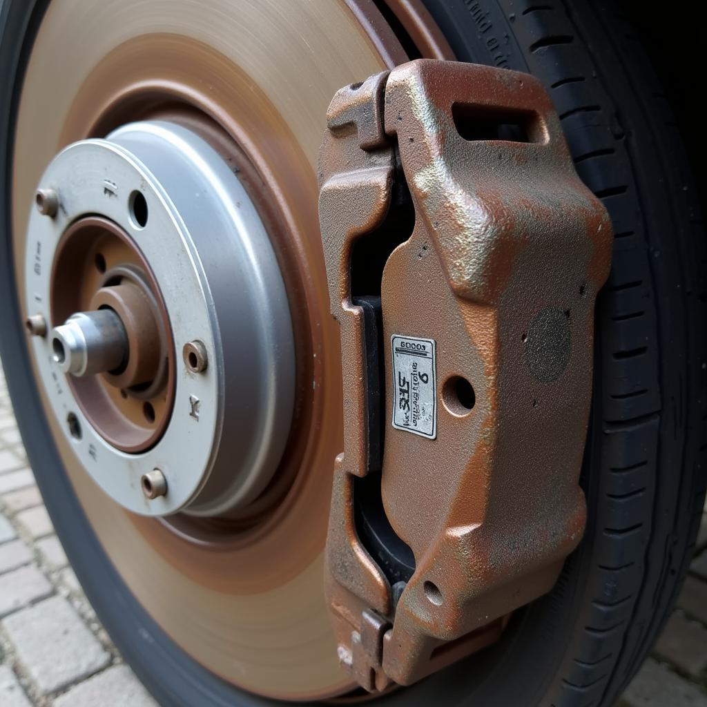 Worn brake pads on a BMW 320d