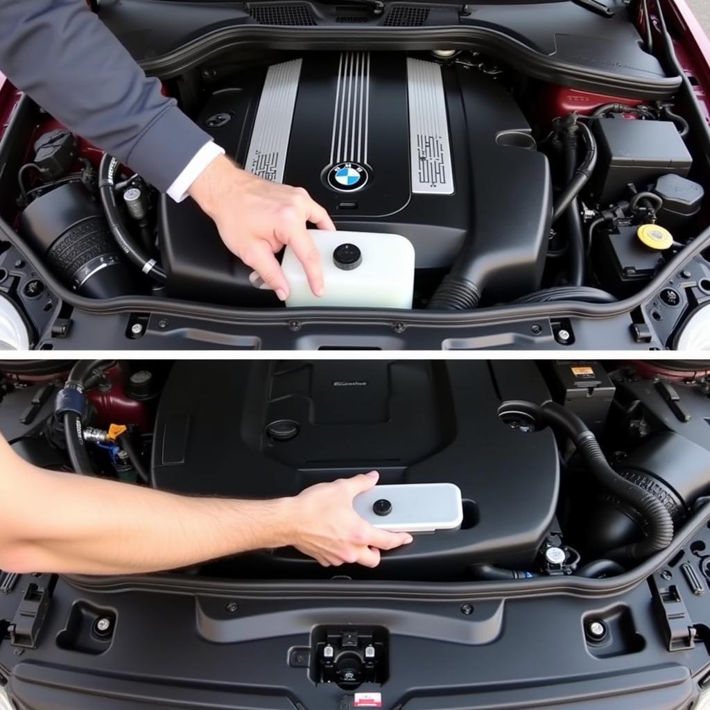 Checking and refilling the brake fluid reservoir in a BMW E90