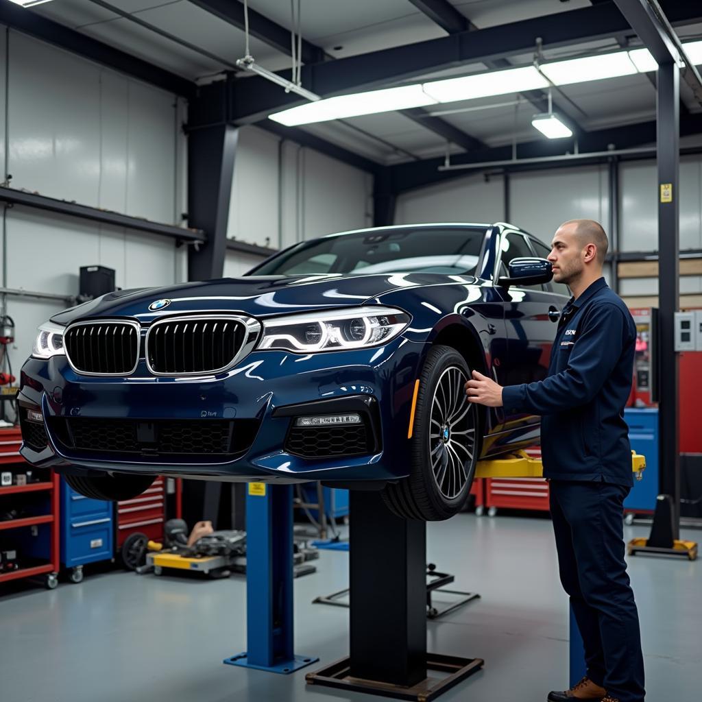 BMW F30 undergoing a brake inspection on a lift