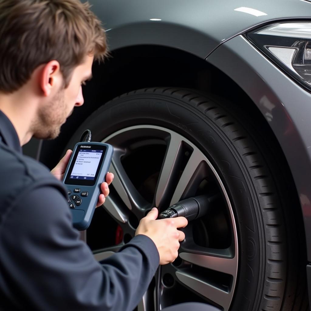 BMW mechanic diagnosing a brake problem using a diagnostic tool