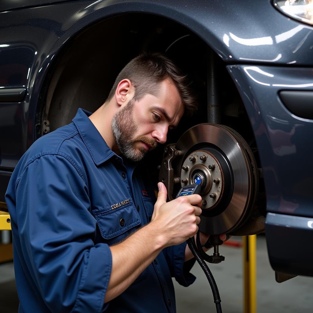 BMW mechanic inspecting the brake system