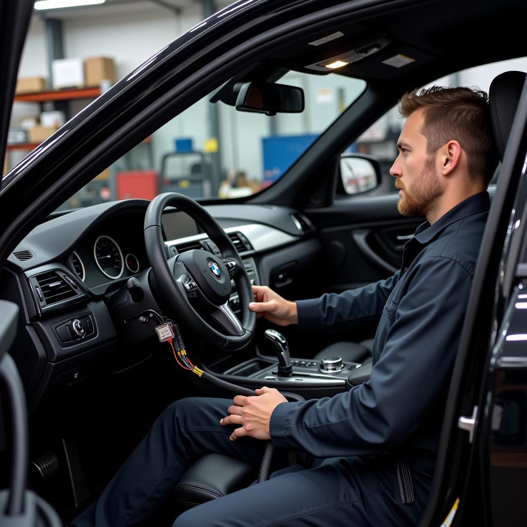 BMW Mechanic Inspecting Wiring