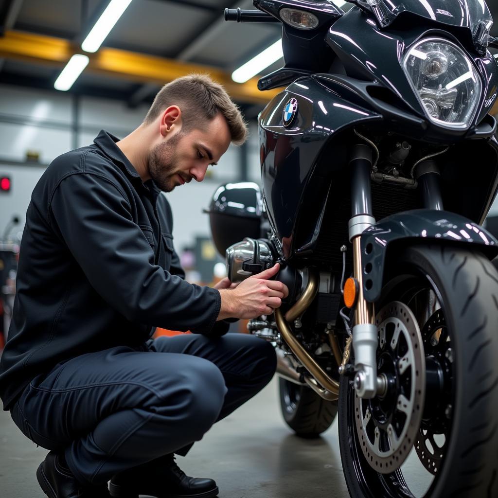 Professional Motorcycle Mechanic Inspecting Brakes